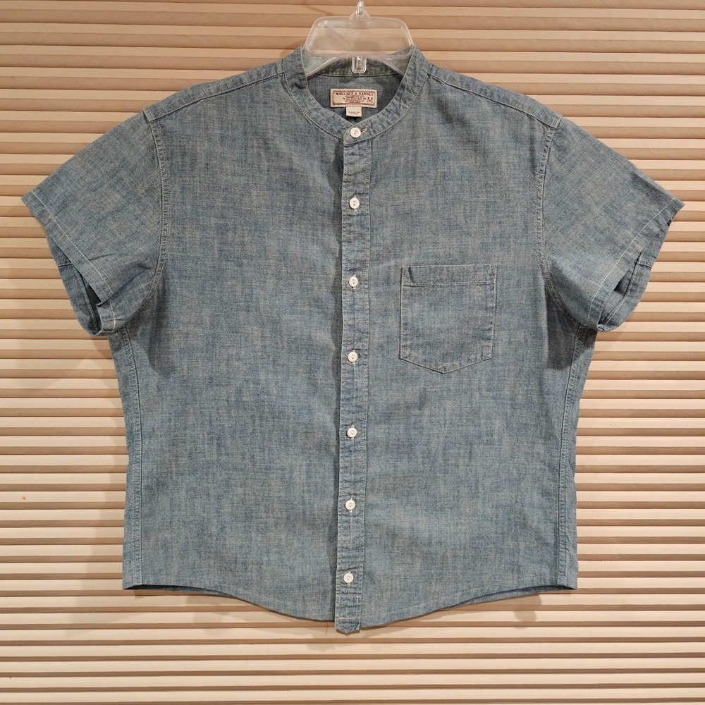 Wallace & Barnes Blue Chambray Band Collar Short Sleeve Button Down Shirt M